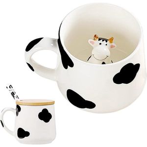 Cute Cow Coffee Mug Tea Cup with Spoon Lid - Kawaii Things Funny Cool Mugs, Gifts for Women - Valentine's Day, Mother's Day, Halloween, Christmas - Wife Mother Grandma Friend Girl Teacher