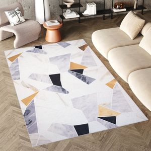 Tapiso Flannel Printed Vloerkleed Grijs Geometrisch Antislip Wasbaar Tapijt Maat- 200x300