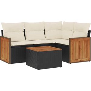 vidaXL 5-delige Loungeset - Kussens - Poly Rattan - Zwart