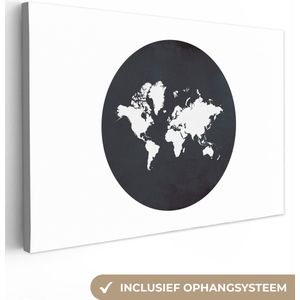 Canvas Wereldkaart - 140x90 - Wanddecoratie Wereldkaart - Zwart Wit - Cirkel