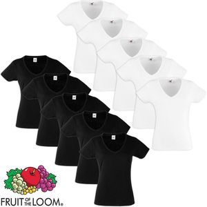 Fruit of the Loom 10 Value Weight Dames V-hals T-shirt zwart/wit XL