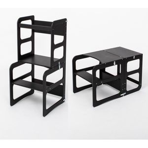 Montessori Keukentoren Peutertoren Leertoren - 2-in-1 Transformeerbare Keukentrap - Tafel & Stoel - ZWART