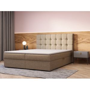 Continentaal bed, boxspringbed, bed met bedkast, Bonell-matras en topper, tweepersoonsbed - Boxspringbed 05 (Beige - Hugo 01, 160x200 cm)