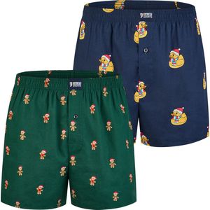 Happy Shorts Heren Wijde Boxershorts Kerst Print 2-Pack Blauw/Groen - Maat M