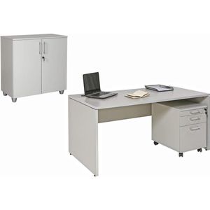 Furni24 Bureauset Nuvi in grijs decor, bestaande uit: bureau 160 cm, rolcontainer 3 laden & archiefkast met deuren, verstelbare plank, 80 cm hoog