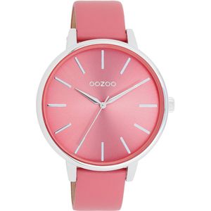 OOZOO Timepieces - Zilverkleurige OOZOO horloge met roze schelpkleurige leren band - C11295