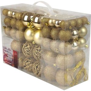 Gouden Kerstballen Set - 100 Kunststof Kerstballen - Kerstversiering voor Binnen en Buiten - Mat-Glanzend-Glitter-Opengewerkt - Verschillende Afmetingen Ø 3-4-6 cm