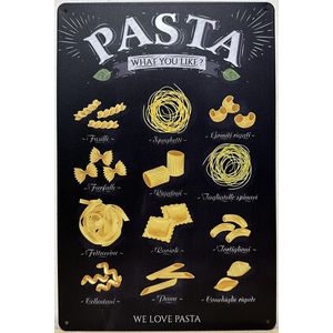 Pasta soorten collage we love pasta Reclamebord van metaal METALEN-WANDBORD - MUURPLAAT - VINTAGE - RETRO - HORECA- BORD-WANDDECORATIE -TEKSTBORD - DECORATIEBORD - RECLAMEPLAAT - WANDPLAAT - NOSTALGIE -CAFE- BAR -MANCAVE- KROEG- MAN CAVE