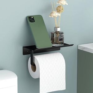 Ruimte-Aluminium Toiletpapierhouder Met Plateau - Wandhouder Zonder Boren - Ideaal Voor Toilet En Keuken - Zwart