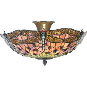 HAES DECO - Tiffany Plafondlamp Ø 40x23 cm Roze Metaal Glas Halfrond Libelle Plafonniere Glas in Lood