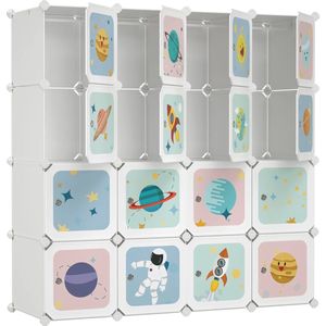 Modulaire Draagbare Kledingkast voor Kinderen met 16 Kubussen en 4 Hangrails, 123 x 41 x 123 cm, Wit