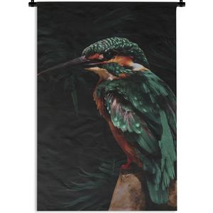 Wandkleed VogelKerst illustraties - Vogel op een tak tegen een zwarte achtergrond Wandkleed katoen 120x180 cm - Wandtapijt met foto XXL / Groot formaat!