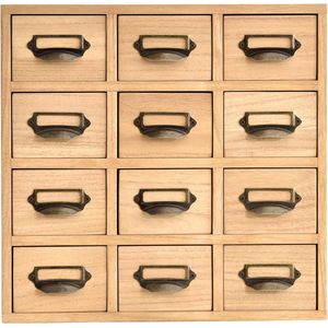 Houten lade-organizer, desktop, opbergkast, lade voor thuiskantoor, bureau, organisatie en opslag, 12 laden, mini-commode met metalen handgrepen, naturel