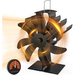 7 Blade Open Haard Ventilator - Warmte Aangedreven met Thermometer - Logbrander Ventilator