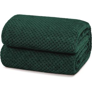 Superzachte en warme fleecedeken met wafelpatroon – Perfecte woondeken voor bank en bed (220 x 240 cm, donkergroen)