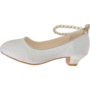 Communie schoenen - Prinsessen schoenen wit glitter met pareltjes - maat 27 (binnenmaat 17,5 cm) bij bruidsmeisjes jurk