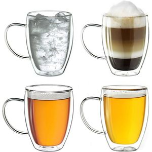 Dubbelwandig thermisch glas met handvat - Groot theeglas/koffieglas van borosilicaatglas - 4 x 250 ml. dubbelwandige theeglazen