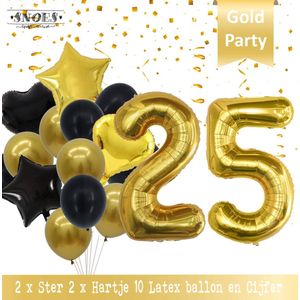 Cijfer Ballon 25 Jaar Black & Gold Boeket * Hoera 25 Jaar Verjaardag Decoratie Set van 15 Ballonnen * 80 cm Verjaardag Nummer Ballon * Snoes * Verjaardag Versiering * Kinderfeestje* Tienerfeestje * Thema * Zwart/Goud * Nummer Ballon 25 * Back & Gold