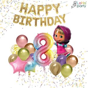 LoHa party® Masha en de beer Thema Folie ballonnen set-XXL folie ballon cijfer 8-ster folie ballon-roze-kleurijke-regenboog-Helium ballonnen-Slinger-Verjaardag versiering-feestpakket-Verjaardag decotatie-Regenboog ballonnen-40inch