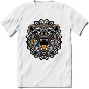 Beer - Dieren Mandala T-Shirt | Geel | Grappig Verjaardag Zentangle Dierenkop Cadeau Shirt | Dames - Heren - Unisex | Wildlife Tshirt Kleding Kado | - Wit - M