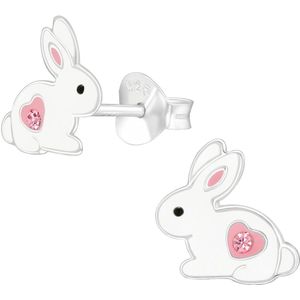 Joy|S - Zilveren konijn oorbellen - wit met roze hartje - kristal roze