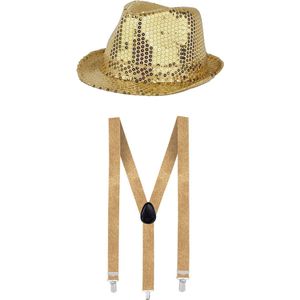 Funny Fashion Verkleedkleding set hoed/bretels goud glitter volwassenen