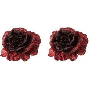 2x Kerstboomversiering op clip donkerrode glitter roos 10 cm - kerstboom decoratie - rode kerstversieringen