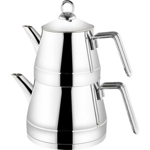 ÖZ life Turkse Theepot - 1,25L + 2L - Thee Set - Theepottenset - Zilver - Caydanlik