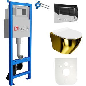 LAVITA® Inbouwreservoir Complete Toiletset LAV 101 - Inbouw WC Hangtoilet Wandcloset SOFI SLIM GOLD WHITE - Bedieningsplaat 200.1.2 Chroom - Voorwandelement voor toilet 40cm - Installatiesysteem