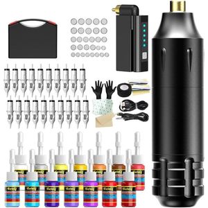 CRLYN® Hoge Kwaliteit Tattoo Machine met Accessoires - Tattoo Machines Draadloos - Tattoo Set Inclusief Inkt en Naalden - Tattoo Kit met Opbergkoffer - Voor Professionals en Beginners - Zwart
