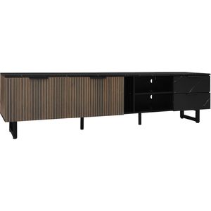 Tv-meubel opbergkast zijkast Geschikt voor tv's van 60-69 inch Uitgerust met veranderlijke LED-verlichting 2 open vakken 2 laden en 2 deuren Een marmer-imitatie patroon tafelblad 200x38x50 cm Donker kleur