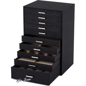 Mrs. Jones Extra grote sieradendoos - organizer voor kettingen, oorbellen, armbanden, ringen - 10 lagen - PU lederen sieraden opbergkoffer - vrouwen, meisjes, dames - cadeau - zwart .