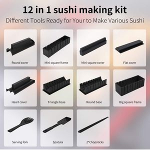 Sushi Maker Kit Sushi Maker 12-delig Plastic Premium Set Sushi Gereedschapset Sushi Rijst Roll Mold Mallen DIY Sushi Roller Tool voor beginners thuis.