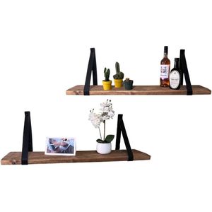 2 Stuks wandplank Old-look 70x20x3 cm met zwarte leren riemen en bevestigingsmateriaal