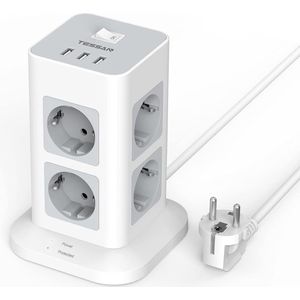 Meervoudige Overspanningsbeveiliging 3600W 16A, 8 voudige Stekkerdoos, Stekkerdoos met 3 USB, Meervoudige Stekker met 2M Verlengsnoer, Wandcontactdoos, Verdeelstekker voor Thuis, Grijs