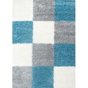 Tapijtenloods Basic Shaggy Geblokt vloerkleed Turquoise / Wit Hoogpolig- 80x250 CM