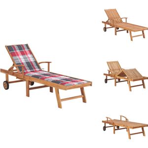 vidaXL Zonnestoel - Zonnestoelen - Zonnebed - Zonnebedden - Ligbed met rood geruit kussen massief teakhout