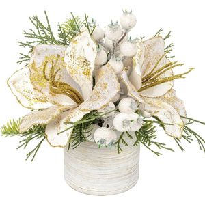 Kleine kerstboom 25 cm kunstmatige plant in keramische potten met magnolia bloem en bessen, mini kerstboom ornamenten kerstdecoraties voor thuis Nieuwjaar tafel centerpieces