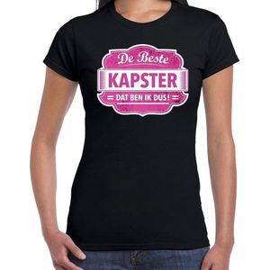 Cadeau t-shirt voor de beste kapster voor dames - zwart met roze - kapsters / haarstylist - kado shirt / kleding - moederdag / collega S