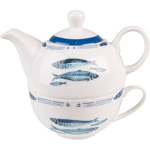 Clayre & Eef Tea for One 400 ml Wit Blauw Porselein Vissen Theepot set