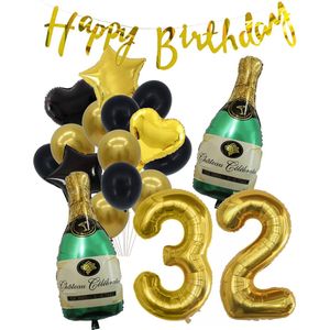 32 Jaar Verjaardag Cijferballon 32 - Feestpakket Snoes Ballonnen Pop The Bottles - Zwart Goud Groen Versiering