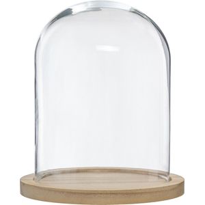 Atmosphera Home decoratie glazen stolp op houten plateau - glas/lichtbruin - D23 x H29.5 cm - Woonaccessoires