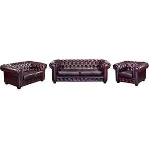 Vente-unique Driezits- en tweezitsbank en fauteuil Chesterfield BRENTON 100% buffelleer - Cherry L 201 cm x H 73 cm x D 96 cm