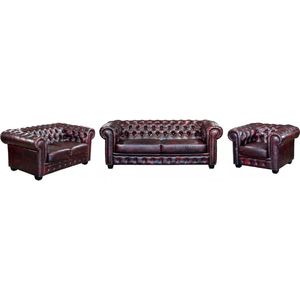 Vente-unique Driezits- en tweezitsbank en fauteuil Chesterfield BRENTON 100% buffelleer - Cherry L 201 cm x H 73 cm x D 96 cm