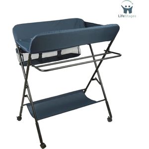 LifeStages - Verzorgingstafel - Verzorgingskussen - Verschoonkussen - Mobiele Luiertafel - Opbergvakken - Draagbaar - Opvouwbaar - met Wieltjes en Veiligheidsgordel - Donkerblauw