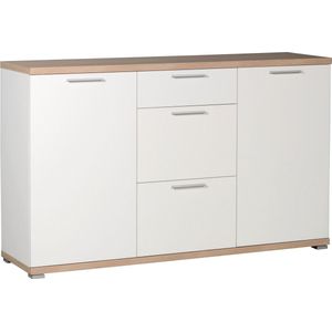 Dressoir Bastia Eiken Wit - Breedte 144 cm - Hoogte 88 cm - Diepte 40 cm - Met lades - Met planken - Met openslaande deuren