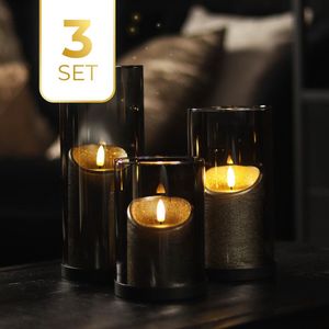 KENN® Lichtermeer - Industriële Kaarsenhouders - Set van 3 - Smoke/Grijs Glas - Zwarte Metalen Basis - Theelichthouders - Waxinelichthouders - Windlicht Set - Kaarsenstandaard - Windlichten Voor Binnen - Windlichten Voor Buiten - Kandelaar