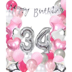 Snoes Ballonnen 34 Jaar Pink Blush Silver Mega Ballon - Compleet Feestpakket 34 Jaar - Verjaardag Versiering Slinger Happy Birthday – Folieballon – Latex Ballonnen - Helium Ballonnen - Zilver en Roze Verjaardag Decoratie