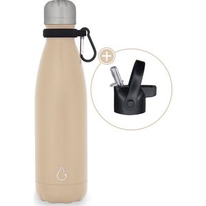 Wattamula Design eco RVS drinkfles - sand - extra dop met rietje en carrier - 500 ml - waterfles - thermosfles - sport