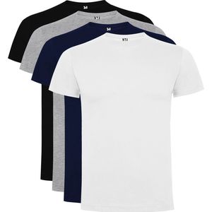 4 Pack Dogo Premium Unisex T-Shirt merk Roly 100% katoen Ronde hals Zwart, Wit, Lichtgrijs gemeleerd, Donker Blauw Maat XL